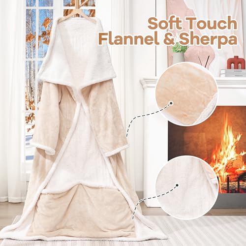 Image of Wearable Electric Blanket with Foot Pocket and Sleeves, Heating Throw Blanket, 6 Heating Levels & Auto Shut Off, Machine Washable (Long, Beige)
