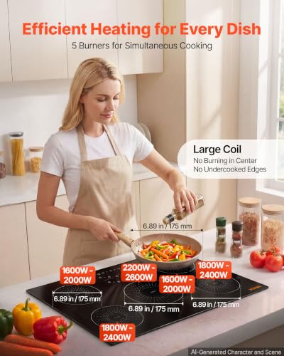 Image of VEVOR Electric Induction Cooktop 30In 5 Burners, Induction Cooktop, Built in Electric Stove Top,Touch & Independent Control, 9 Power Levels, Easy-Clean Ceramic Glass, Child Lock, 9200W, 220V No Plug