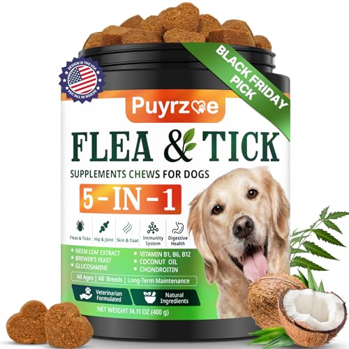 Puyrzoe 5-in-1 Dog Flea and Tick Treatment Chewable, Natural Flea and Tick Prevention for Dogs Chewable - Flea & Tick | Hip & Joint | Skin & Coat | Immunity Support | Digestive for All Breeds & Sizes