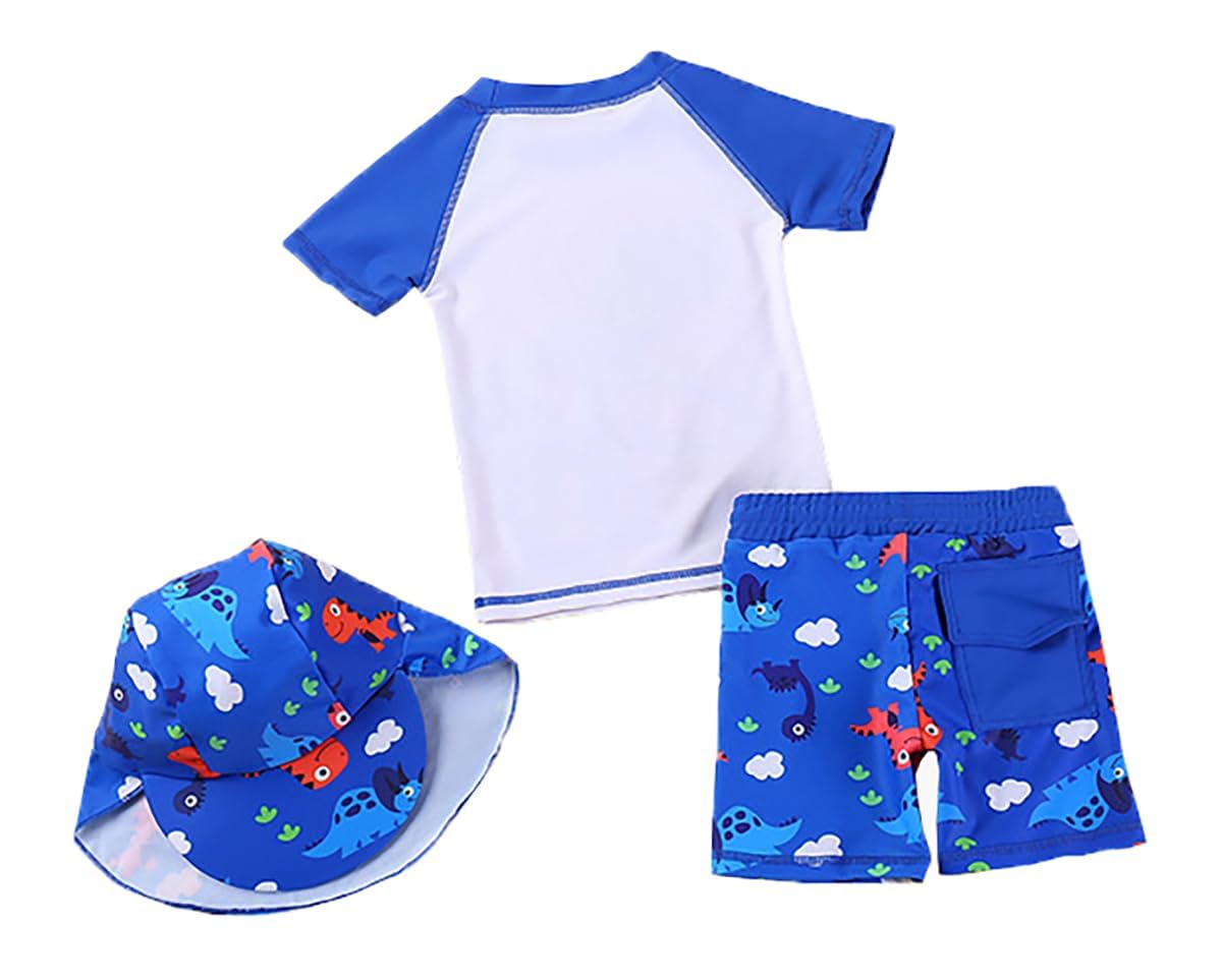 Little Boy Two Pieces Rash Guard Swimsuit Set Kids Cute Cartoon Dinosaur Short Sleeve Bathing Suit with Sun Cap(4-5T,WhiteRoyalBlue-Shortsleeve)