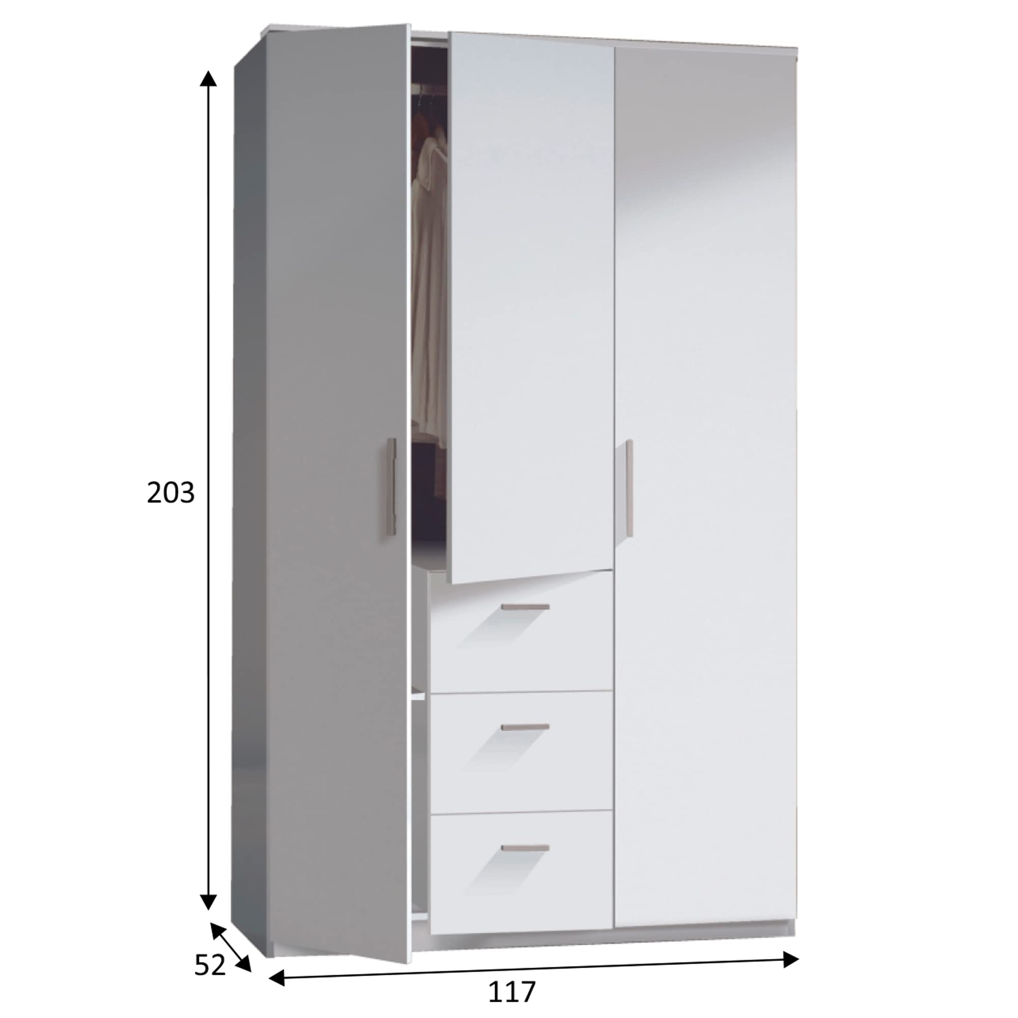 HOMN LIVING Armario ropero Lisa 3 Puertas y 3 Cajones Color Blanco Brillo, 117 cm (Ancho) 52 cm (Profundo) 203 cm (Altura)