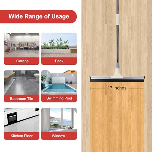 Image of Tiumso 17inch Floor Squeegee Broom, Heavy Duty Rubber Wiper with 60'' Long Handle for Bathroom Tile, Garage Concrete, Deck