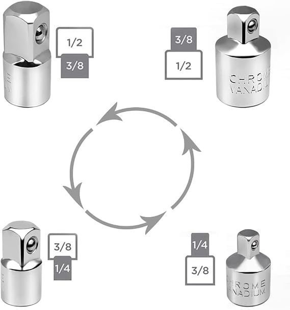 4pcs Socket Adapter Socket Sets 1/2 to 3/8, 3/8 to 1/2,1/4 to 3/8, 3/8 to 1/4 for Impact Driver Ratchet Converter Socket Wrenches Reducer Set