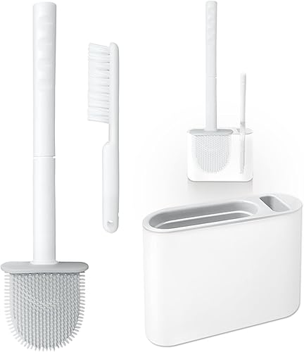 Cepillo limpiador de inodoro, cepillo de silicona con cerdas y soporte, base de ranuras de ventilación, montaje en pared de secado rápido con mango