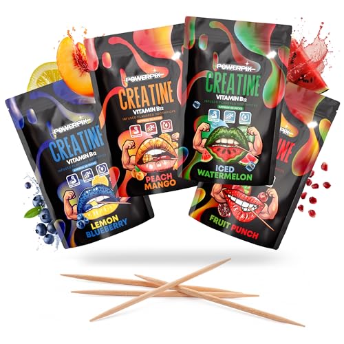 Creatine Toothpicks with Vitamin B12, 5g Creatine Monohydrate, Sugar-Free Flavored Toothpicks for Energy, Focus, Fidget Relief & Craving Control, Long-Lasting Flavor Made in USA 4 Flavors Variety PCK