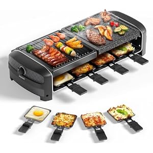 JOYAMI Raclette Grill, Electric Table Grill with Natural Grill Stone and Grill Plate, Raclette with Non-Stick Grill Plate and 8 Pans, Electric Grill for Grilling, Baking, Stainless Steel, 1500 W