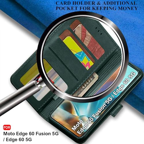 Image of TheGiftKart Flip Cover Back Case for Motorola Moto Edge 60 Fusion 5G / Moto Edge 60 5G | Genuine Leather Finish | Designer Button | Inbuilt Pockets & Stand | Flip Back Cover Case (Faux Leather, Green)