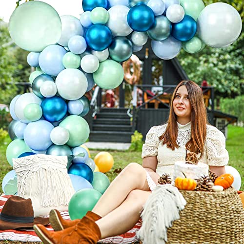 Image of 125pcs Blue Green Macaron Balloon and Metallic Blue Silver Balloon Garland Kit for Birthday Retirement Bridal Baby Shower Graduation Wedding Anniversary Party Decoration