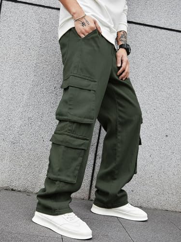 Image of Men's 8 Pocket Cargo Pants | Premium Cotton Twill Baggy Fit Trousers | Stretchable Casual Streetwear Cargos | Mid Rise