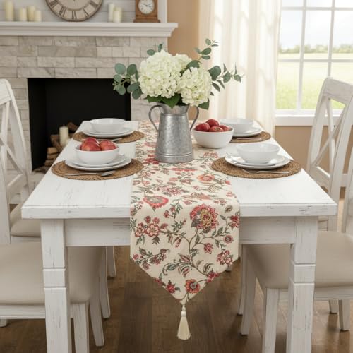 Image of COZY FURNISH Luxury Floral Table Runner for Dining Table - Soft Microfiber Cotton Table Runner with Tassels | Decorative Runner for Kitchen & Centre Table