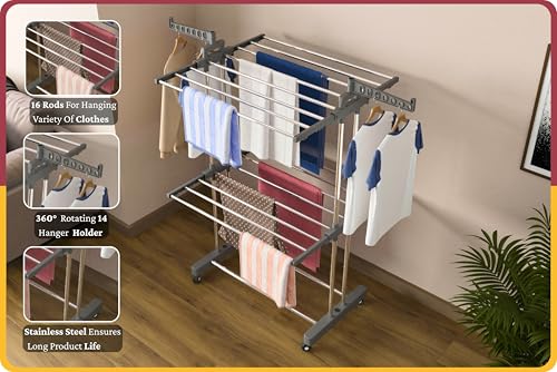 Image of Amiraj Premium Stainless Steel Clothes Drying Stand | 2 Tier 2 Pole Foldable Laundry Rack with Wheels & Sock Holder | Heavy Duty Indoor & Outdoor Cloth Dryer for Balcony, Terrace & Home - Gray