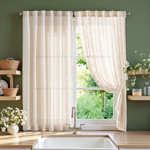 Image of jinchan Ivory Floral Linen Kitchen Tier Curtains 54 Inch Back Tab 2 Panels