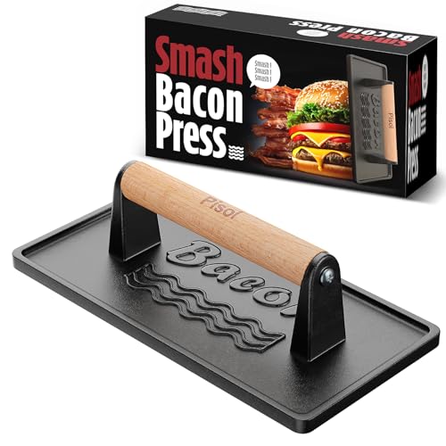 Pisol Bacon Press Smash Burger Press, Pre-Seasoned Cast Iron Hamburger, 2 lb Heavy-Duty Grill Bacon Meat Press Tool with Wood Handle