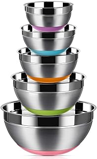 REGILLER Stainless Steel Mixing Bowls (Set of 5), Non Slip Colorful Silicone Bottom Nesting Storage Bowls, Polished Mirror Finish For Healthy Meal Mixing and Prepping 1.5-2 - 2.5-3.5 - 7QT (Colorful)