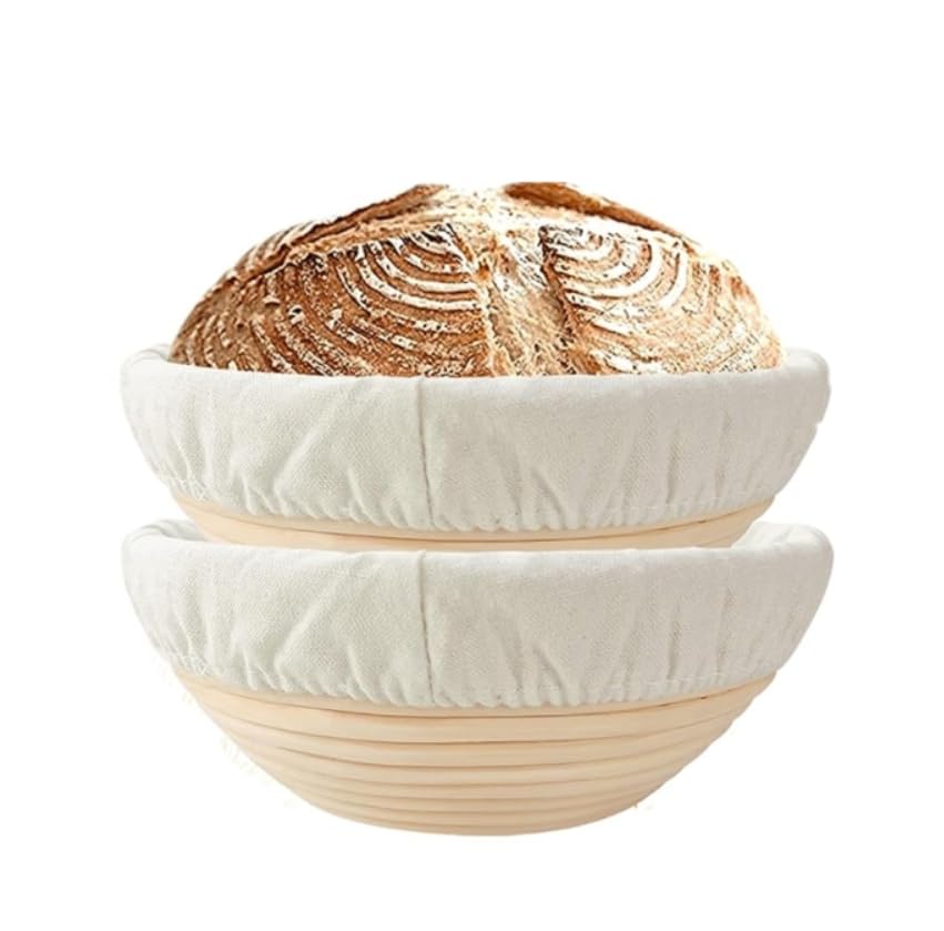 YJIUYUANQ Bread Proofing Basket with Cloth Liner,Rattan Bread Proofing Basket Bread Basket Round Rattan Wicker Dough Fermentation Sourdough Banneton, Set of 2PCs, 25x8.5cm/10inch