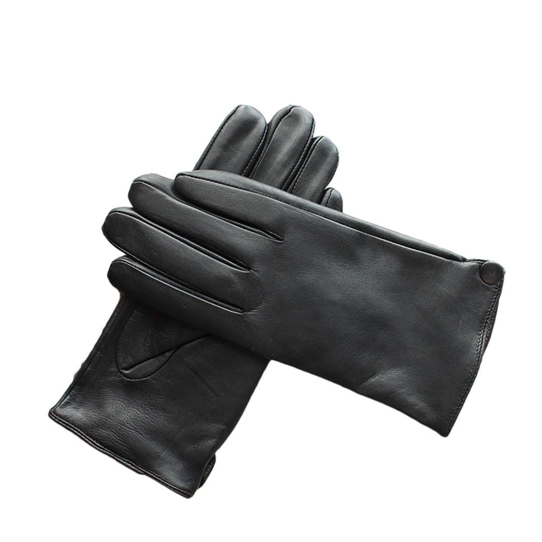 Guantes clásicos de cuero con botones para hombre, dedos largos con forro de lana