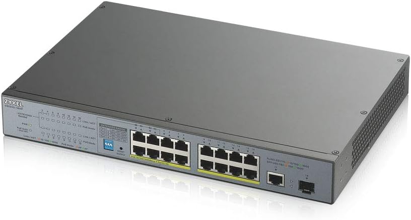 Zyxel 16-port Gigabit Unmanaged PoE+ Switch with 170 Watt Budget and 1 Gigabit Copper Port + 1 SFP, Long Range PoE Switch [GS1300-18HP]