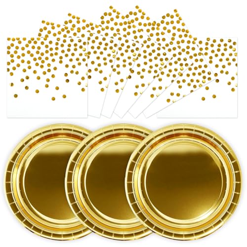 50PCS Gold Paper Plates and Napkins - 25 x 7 Inch Disposable Dessert Plates & 25 Napkins Metallic Gold Cake Plates for Birthday Wedding Baby Shower Graduation Independence Day Party Suppiles