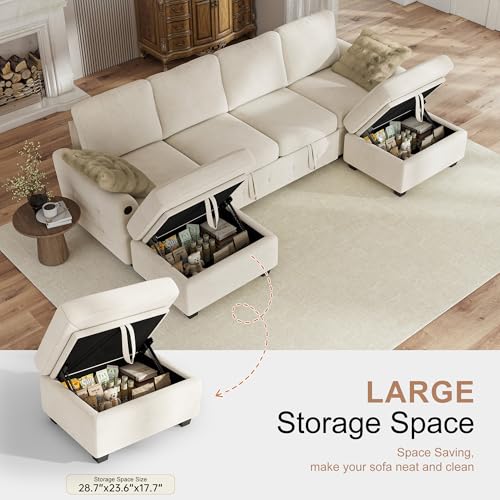 Image of Hanherry 104 inch Sectional Couch with Pull Out Sofa Bed,Chenille Sleeper Sofa with Storage Ottoman & USB Charging,Comfy U Shaped Modular Couches for Living Room,Apartment