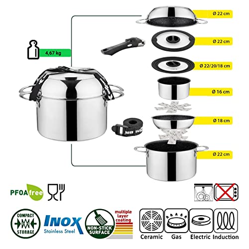 BRUNNER - Camping cookware set stainless steel non-stick coating (pots and pans) - diameter 20 or 22 cm (4, 5 or 7 pieces) - Academy NG - electric, gas and induction - lightweight and stackable - Image 3