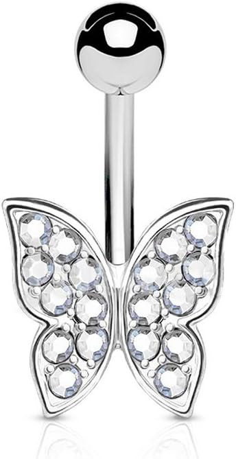 Dynamique Crystal Paved Butterfly 316L Surgical Steel Belly Button Navel Ring