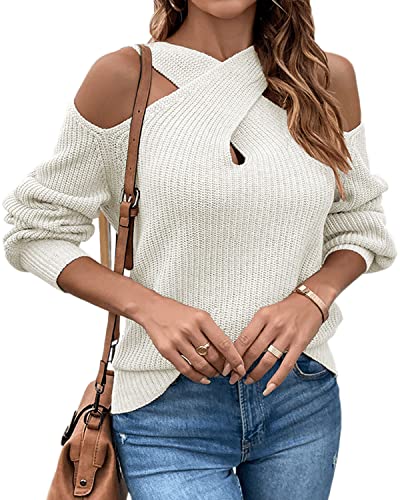 Image of Womens Sexy Criss Cross V Neck Cold Shoulder Pullover Sweater Cutout Lantern Sleeve Halter Sweatshirt Jumper