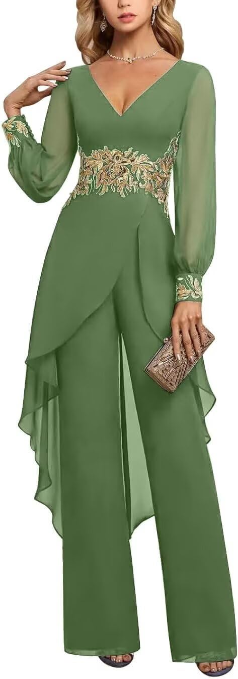 V-Neck Mother of The Bride Pant Suits for Women Asymmetrical High Low Grandmother of The Groom Jumpsuit