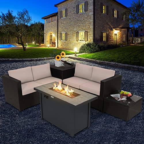 Tangkula 5-Piece Patio Furniture Set With 42 Inches Propane Fire Pit Table, Outdoor Wicker Conversation Set With Cushions, Storage Box And Coffee Table, 60,000 Btu Propane Fire Pit Table (Beige) #TOP2