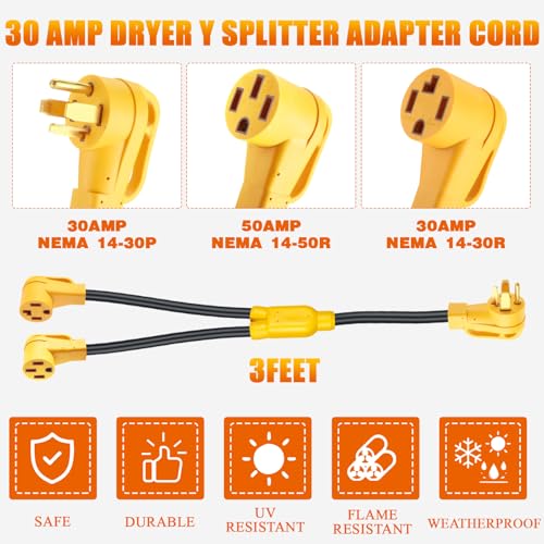 Kanayu 30 Amp Dryer Y Splitter to RV/EV NEma 14-30P to 14-50R/14-30R Adapter 4 Prong 30 to 50 Amp Y Adapter Cable for EV RV Charging at Dryer Outlet, 250 Volt, 10 AWG 4 Conductors, 3 ft(Yellow) by Kanayu - Image 2