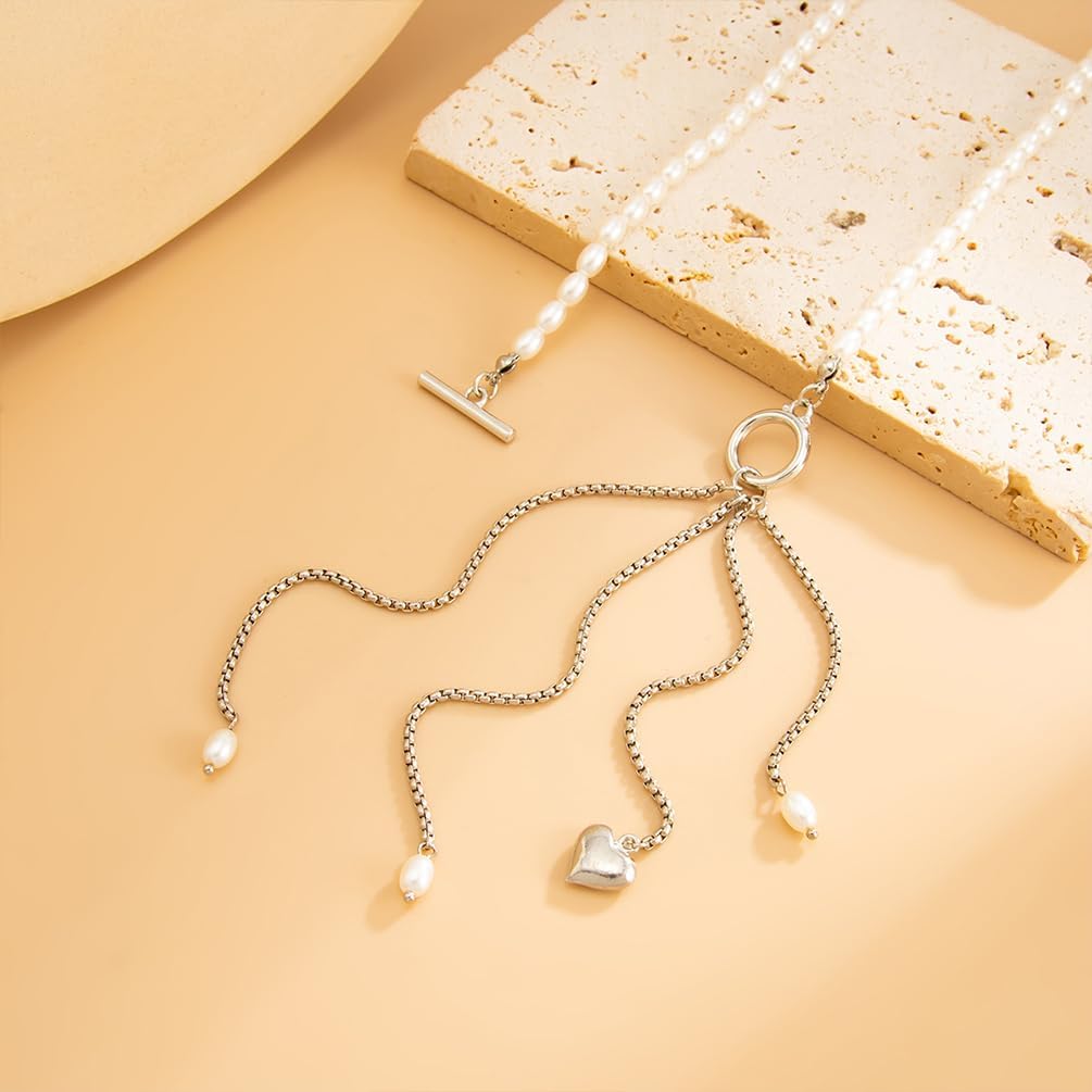 Boho Statement Beaded Pearls Choker Necklace for Women Trendy Simple Oval Pearl Beads Ot Clasp Heart Pendant Chain Tassel Necklace Party Jewelry Gift - Image 7