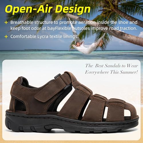 Image of KOIMED Men's Hiking Leather Sandals Closed Toe Water Shoes For Summer Athletic Outdoor Walking Sports Trail River Fishing Wide Adjustable Waterproof Arch Support