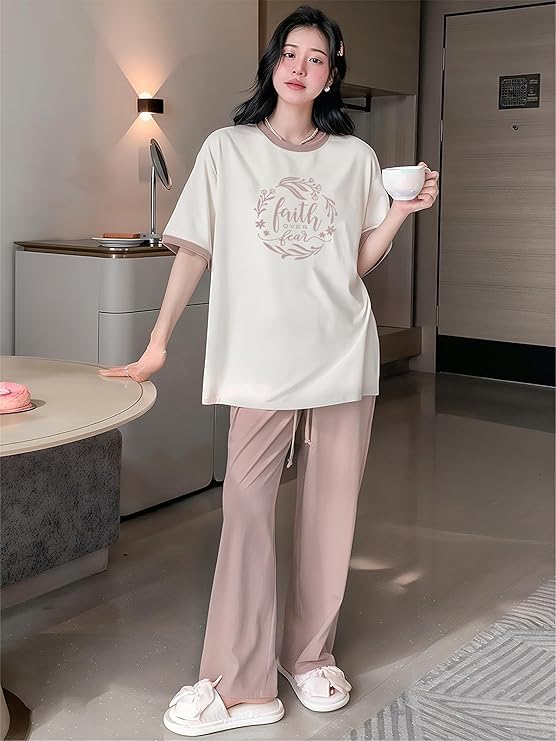 Image of KSHS Printed Round Neck Short Sleeve Nightsuit Set | Pajama Set | Casual Night Dress for Women