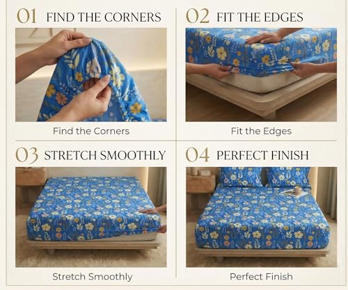 Image of VAS COLLECTIONS King Size Cotton Fitted Bedsheet (78 x 72 + 14 Inches) with Deep Pocket | 220 TC Soft Breathable Wrinkle Free Elastic Bed Sheet for King Mattress | (Blue)