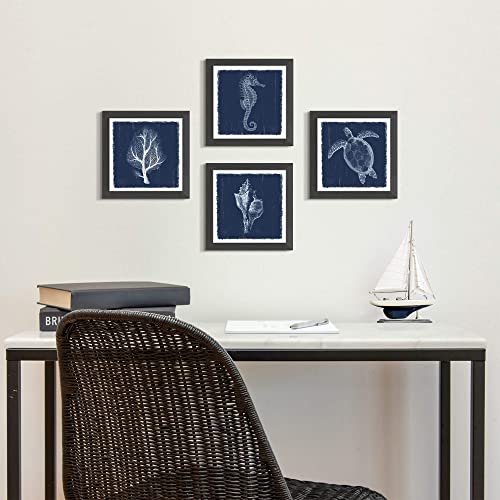 Framed Navy Ocean Wall Art: 4 Pieces Blue White Coastal Seascape Pictures Modern Undersea Seahorse Turtle Painting Simple Sea Coral Creature Prints Tropical Beach Seaside Artwork For Bedroom #TOP5