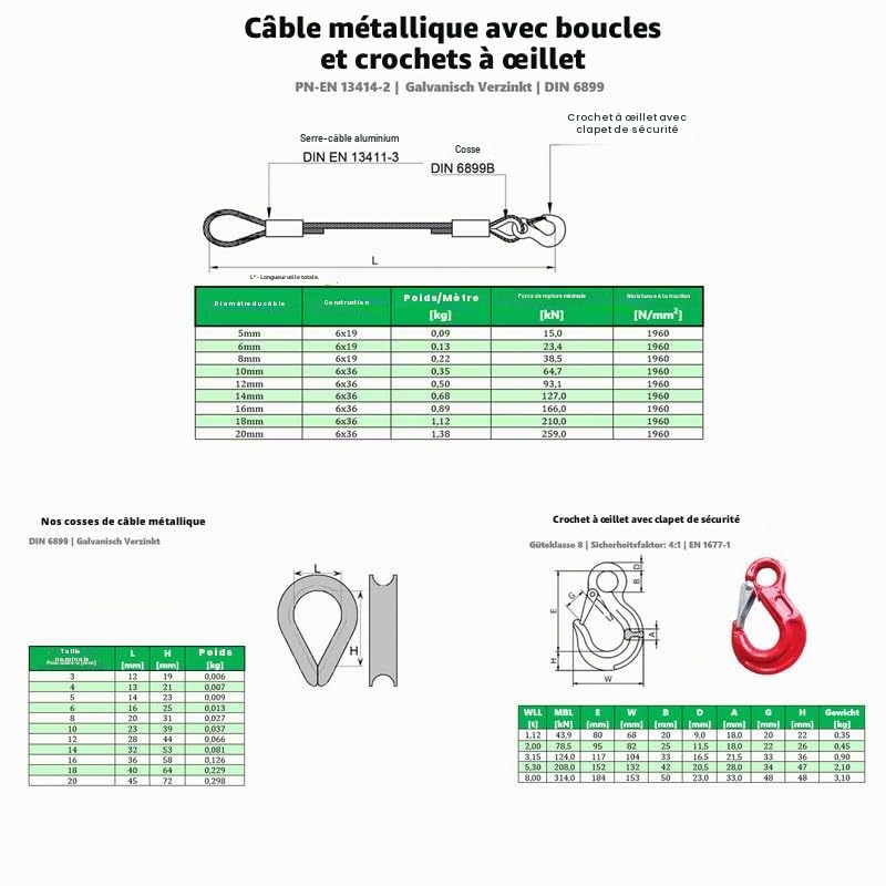 Cable Acier 8mm Diamètre 5m Circuit avec Crochet et Œillet - Cable Metallique avec Crochet - Câble Acier 8mm avec Œillets et Crochets - Corde Cable à Élingue - Cable D'acier