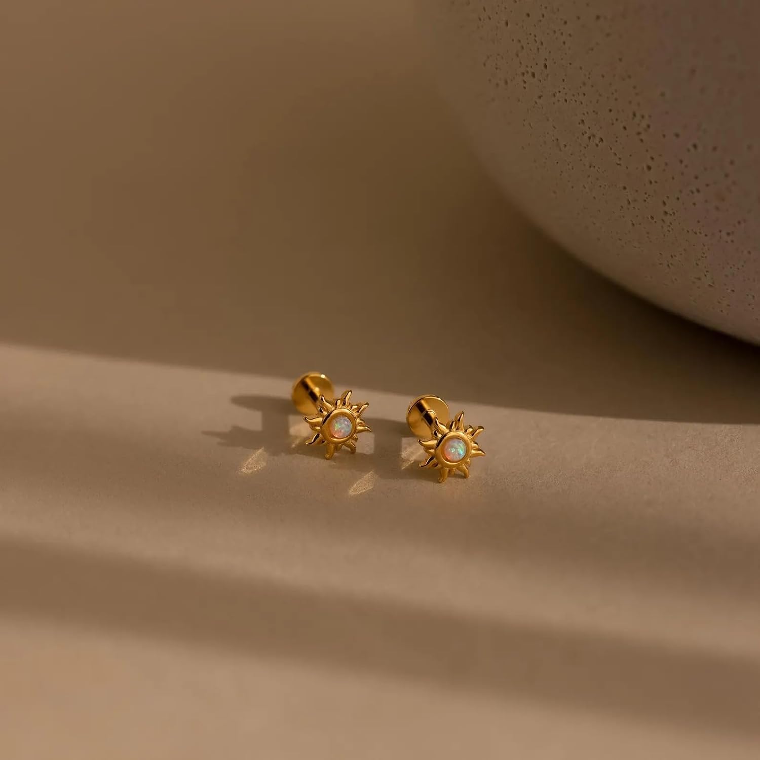 Opal Stud Earrings for Women, Minimalist Stacking Cartilage Earrings, 18K Gold Plated Jewelry, Gift for Her