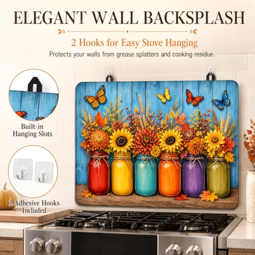Image of Stove Top Cover for Electric Stove 28 inchx 20 inch, Fall Floral Mason Jar Garden With Butterflies Glass Top Stove Cover Protector, Glass Cooktop Covers, Kitchen Flat Electric Stove Top Covers