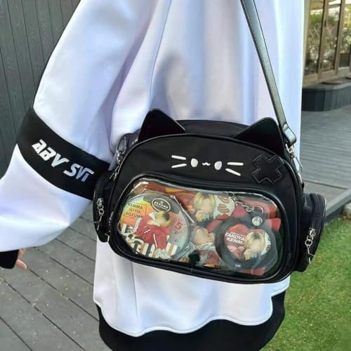 Image of Cat Ita Bag Pin Display Backpack for School PU Leather Preppy Backpack for Girl Y2k Single Shoulder Crossbody Bag