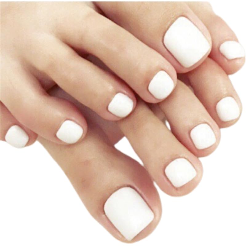 Solid White Press on Toenails, 24Pcs Cute Short Square Full Cover Fake Toe Nail Tips, Glossy White Acrylic Beach Toenails for Women and Girls Foot Nails (White, One size)