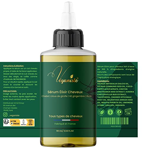 Véganiste® | Serum pousse cheveux très rapide à la poudre de chebe, 90 mL huile pousse cheveux Bio au ricin et gingembre, elixir Végan, cheveux crepus, secs, cassants, tous types avec applicateur