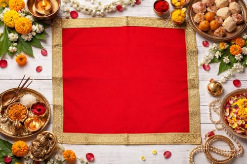 Decorative Puja Aasan Cloth (Size :-18x18 Inch)Traditional Mandir Tabletop Mat for Indian Traditional Ganesh Chaturthi Laxmi Poojan Diwali Festival Decoration Pooja Accessories for Home Temple (Red)