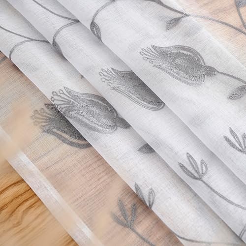 Image of Sheer Curtains White-Grey 45 Inch Embroidered Floral, Rod Pocket Voile Drapes for Living room, Bedroom, Window Treatments Semi Crinkle Curtain Panels for Yard, Patio, Villa, Parlor, Set of 2, 52 inchx 45 inch