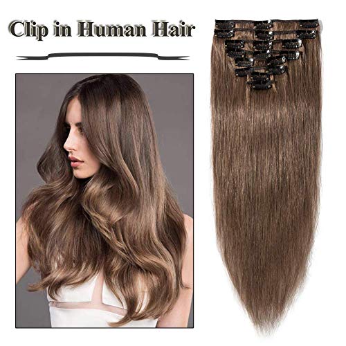 Clip in Hair Extensions Light Brown Remy Human Hair for Women 8pcs 18 Clips Full Head Soft Straight Hair(16"=65g #6)