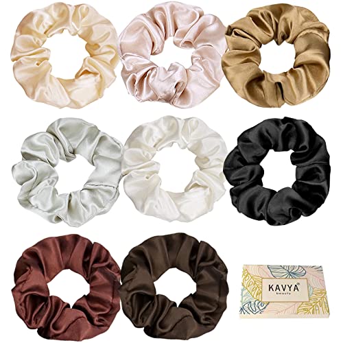 Kavya Silk Scrunchies, 8 Pcs Silk Hair Scrunchies, Satin Elastic Hair Ties, Ponytail Holders, Women & Girls