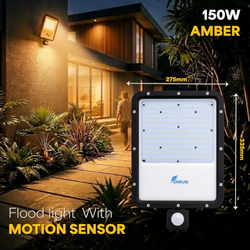 Image of Forus 150W LED Flood Light Amber with Motion Sensor Auto On Off Day Night Mode Waterproof Outdoor Security Light for Garden Parking Garage Factory Warehouse High Bright Floodlight 4Yr Warranty-1Pc