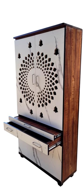 Image of 6 x 3 ft Wooden Pooja Mandir with Kalasam | Mandir for Home and Office | Wall Mount Temple with Storage | 36 inch L x 72 inch H x 12 inch D | White Marble Finish