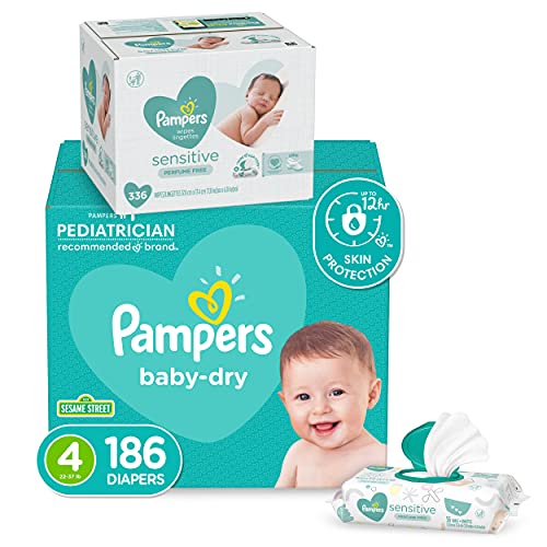Diapers Size 4, 186 Count and Baby Wipes - Pampers Baby Dry Disposable Baby Diapers, ONE MONTH SUPPLY with Baby Wipes Sensitive 6X Pop-Top Packs, 336 Count (Packaging May Vary)