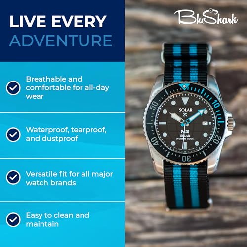 Image of BluShark - Original Collection Military-Style Waterproof Watch Strap, Fits All Timepiece Brands, Durable Nylon Wristwatch Accessories with Stainless Steel Buckle - 18mm, 20mm, 22mm & 24mm Watch Bands
