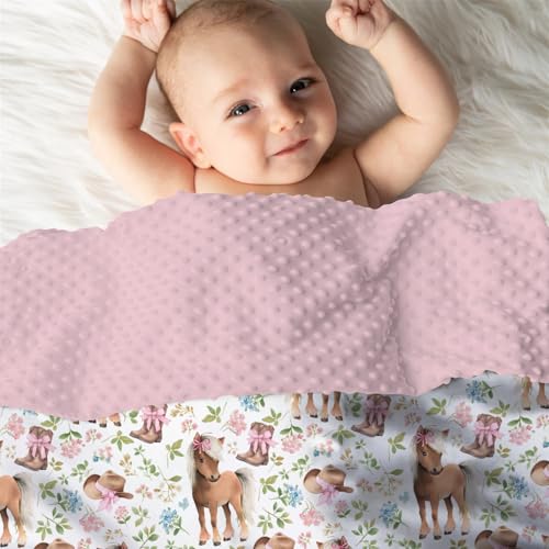 Image of Mink Baby Girl Blanket Western Cowgirl Pony Floral, Horse Pink Flower Hat Boot Soft Double Layer Dotted Backing Receiving Swaddle, Newborn Infant Toddler Nursery Crib Bedding Shower Gift 30x40
