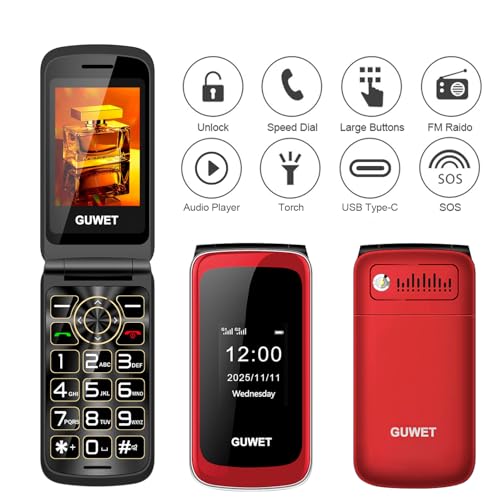 Guwet 2G Seniorenhandy Klapphandy ohne Vertrag, Rentner Handy Großen Tasten, SOS Notruffunktion, 1600 mAh Akku, 2.4+1.77 Dual Display, Dual SIM mit Notruftaste, Rot